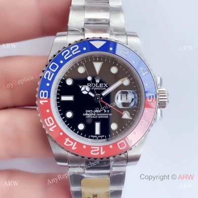UN factory Rolex Gmt Master II SWISS 3285 Watch 904L Steel Black Dial Pepsi Bezel